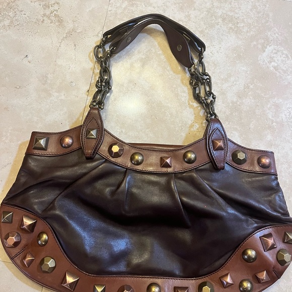 Y2K Moschino Brown Leather Embellished Chain Link Satchel - Picture 3 of 11